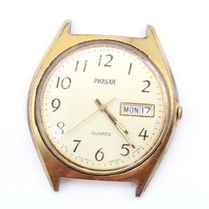 Vintage Phasar Watch Mens Gold Tone Classic Retro Stainless Steel Beige Dial